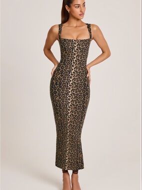 Modal Square-Neck Bodycon Midi Dress in Leopard Print